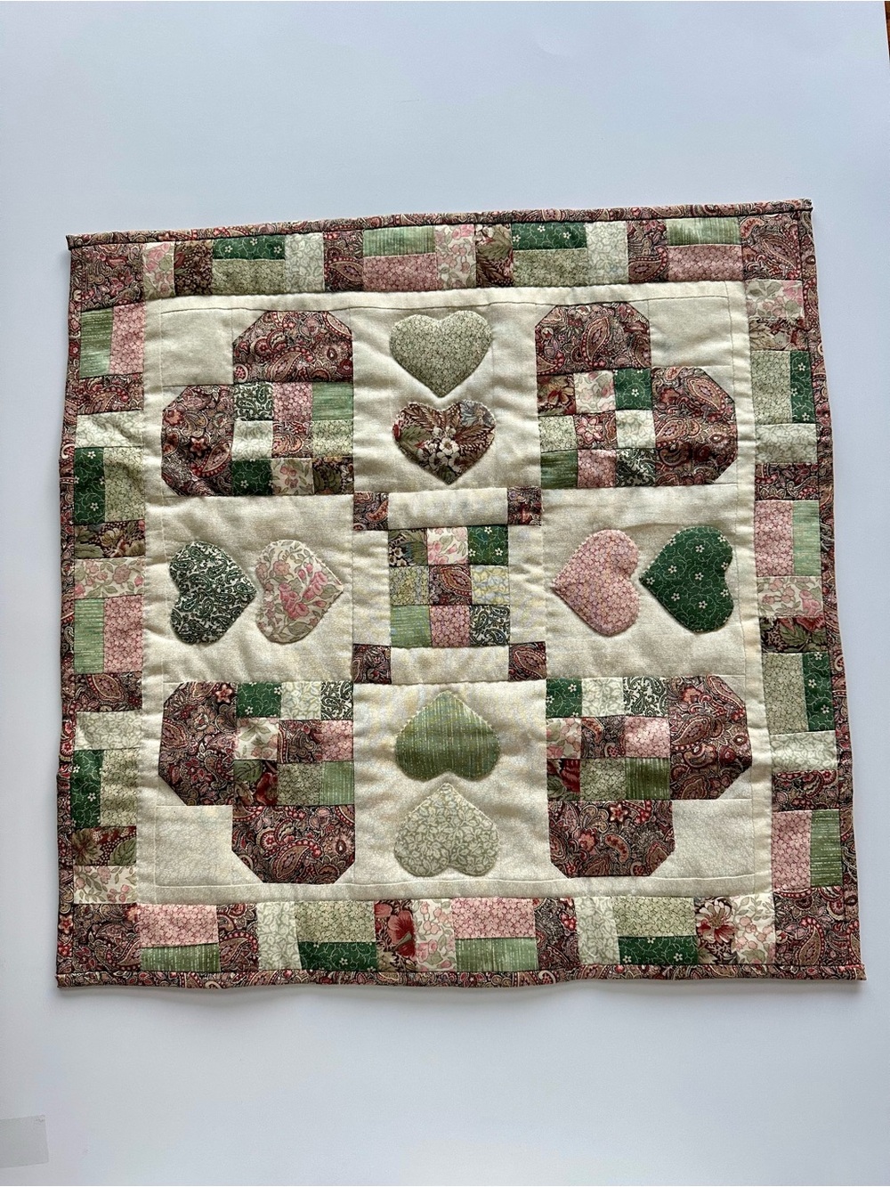 Handmade Patchwork Mini Quilt Table Topper Cottage-core Hearts 17”